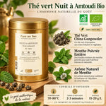 Thé vert Nuit à Amtoudi Bio 100g avec emballage doré, menthe et ingrédients botaniques