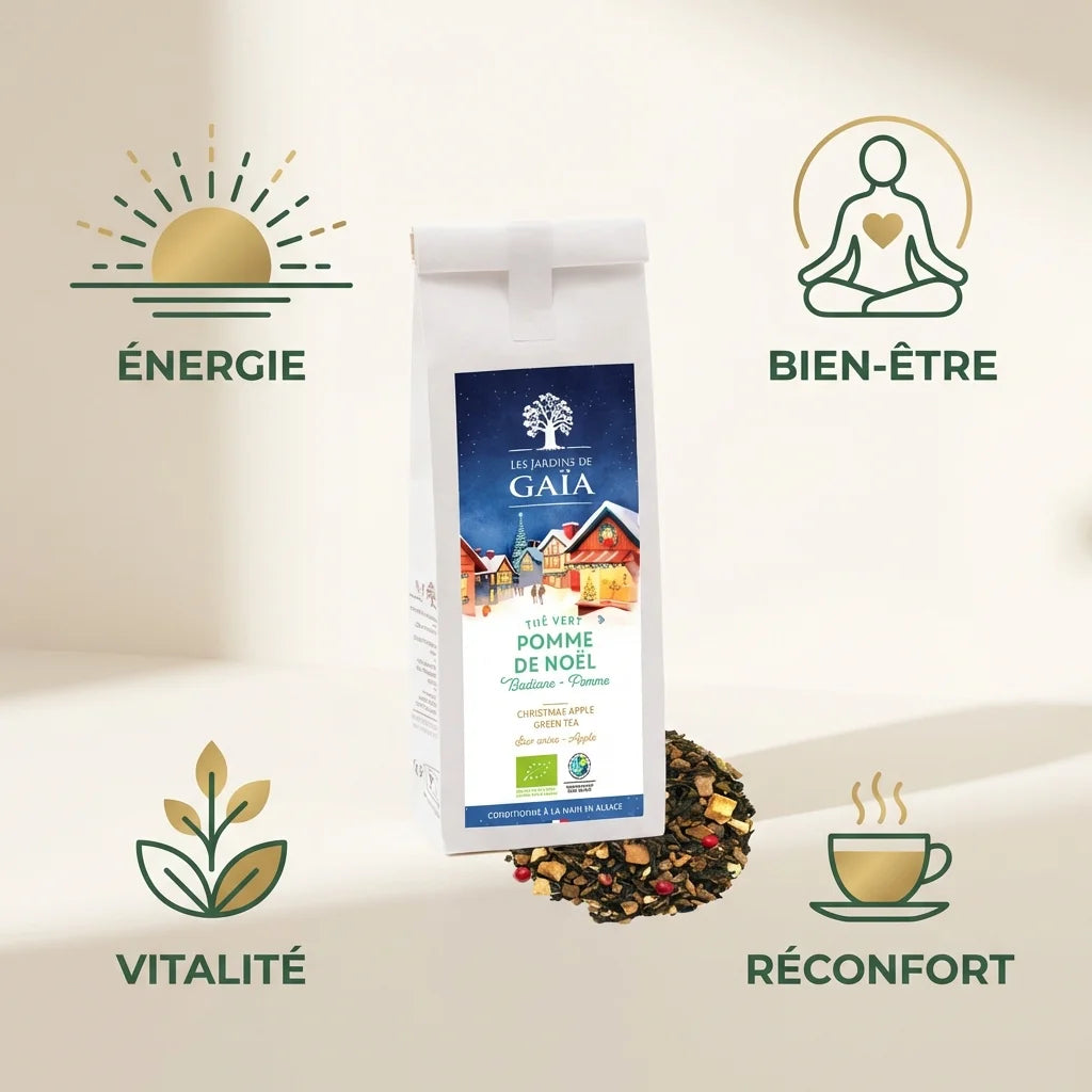 Thé vert pomme Noël bio Jardins de Gaïa avec ses bénéfices : énergie, bien-être, vitalité, réconfort