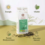 Thé vert Selimbong Demeter Jardins de Gaïa, packaging certifié biodynamique avec bénéfices bien-être