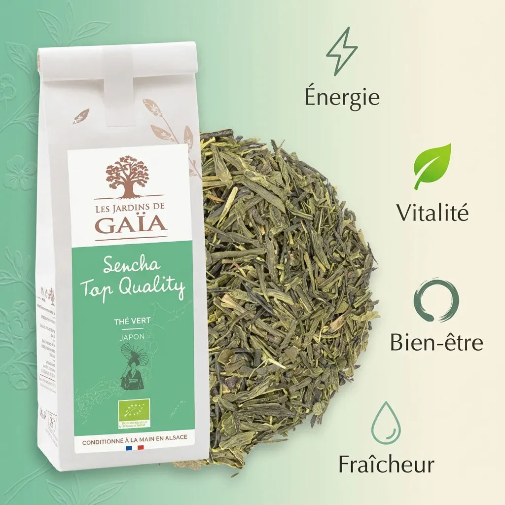 Thé vert Sencha Top Quality Les Jardins de Gaïa avec feuilles et icônes bien-être