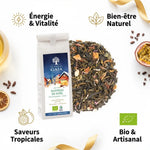 Thé vert bio Noël Jardins de Gaïa 100g avec feuilles et bénéfices santé affichés