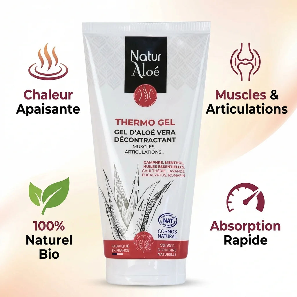 Thermo gel bio 150mL Naturaloé avec icônes bénéfices chaleur apaisante et absorption rapide