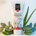 Thermo gel bio Naturaloé 150mL avec feuilles d'aloe vera et eucalyptus sur fond blanc