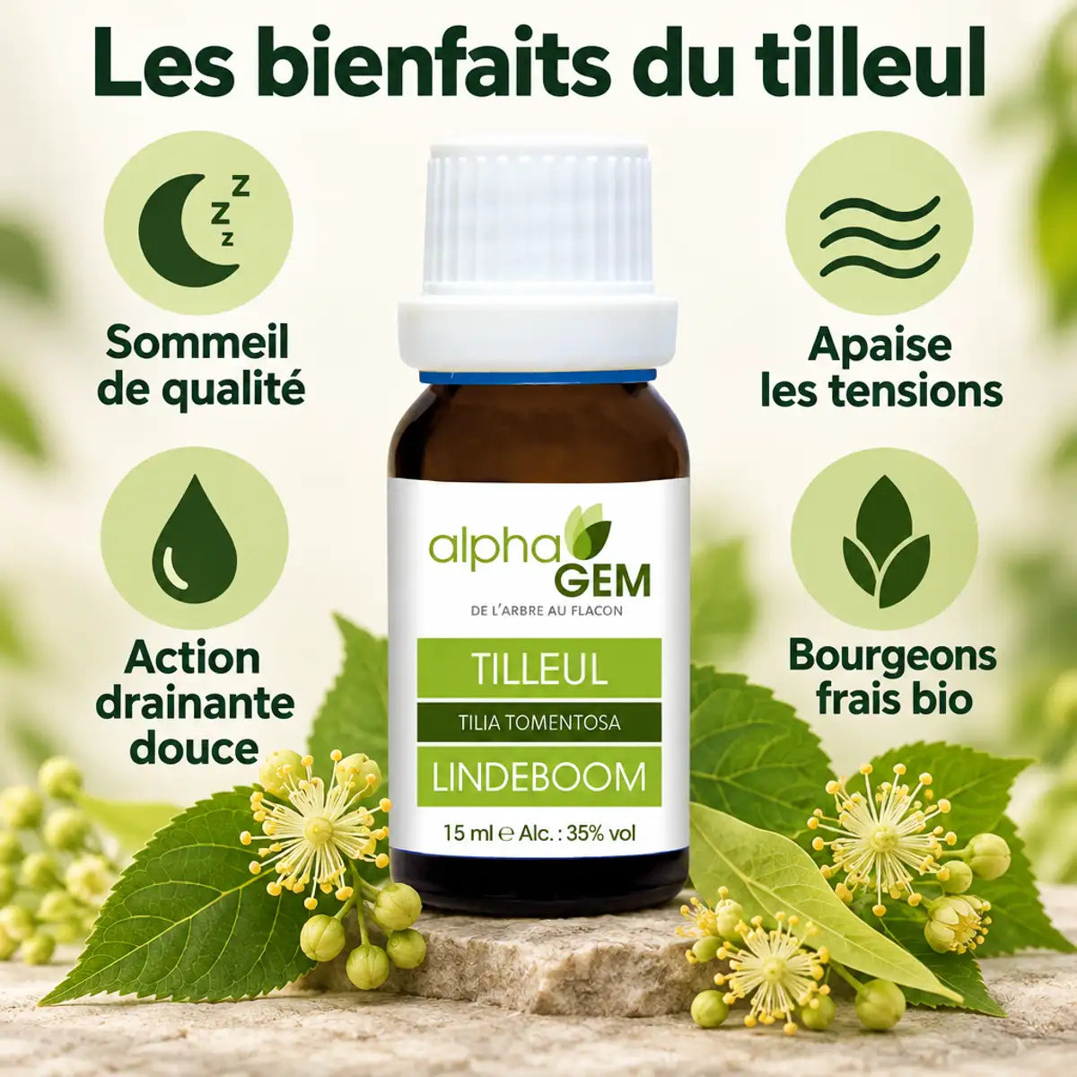 Flacon de teinture mère de tilleul Alphagem 15 ml avec icônes : sommeil, apaisement, drainage et bourgeons bio