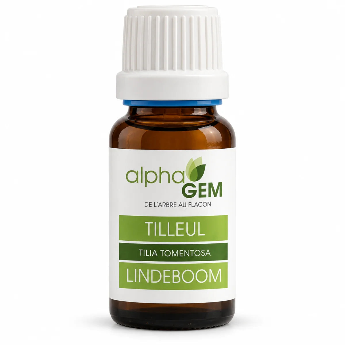 Flacon en verre ambré de 15 ml Alphagem au tilleul, avec compte-gouttes blanc et étiquette à feuille verte, sur fond blanc.