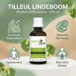 Tilleul Alphagem 50ml avec icônes de sommeil, sérénité et bien-être sur fond vert sage