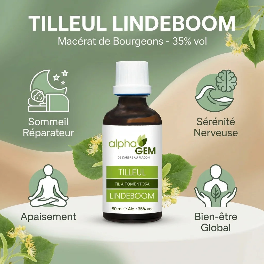 Tilleul Alphagem 50ml avec icônes de sommeil, sérénité et bien-être sur fond vert sage