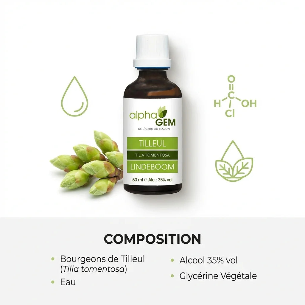 Tilleul Alphagem 50ml - Flacon avec composition bourgeons tilleul, eau, alcool et glycérine végétale
