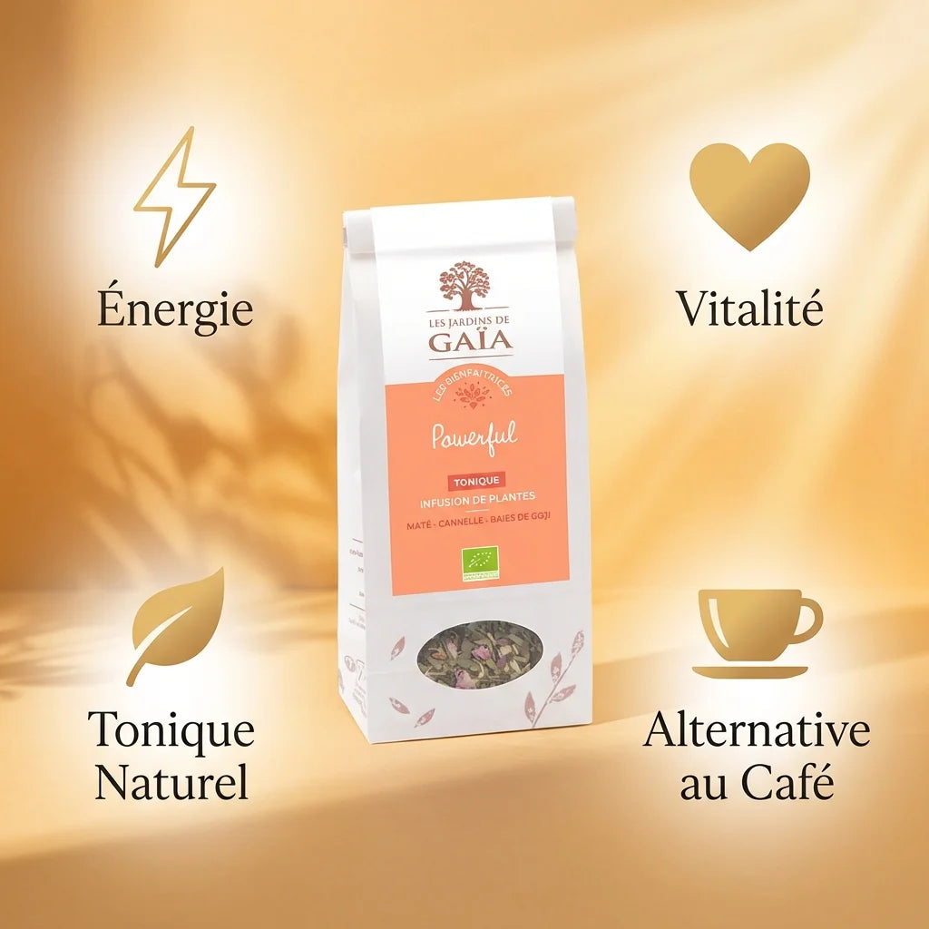 Tisane Powerful bio Jardins de Gaïa 100g avec infographie bénéfices énergie vitalité