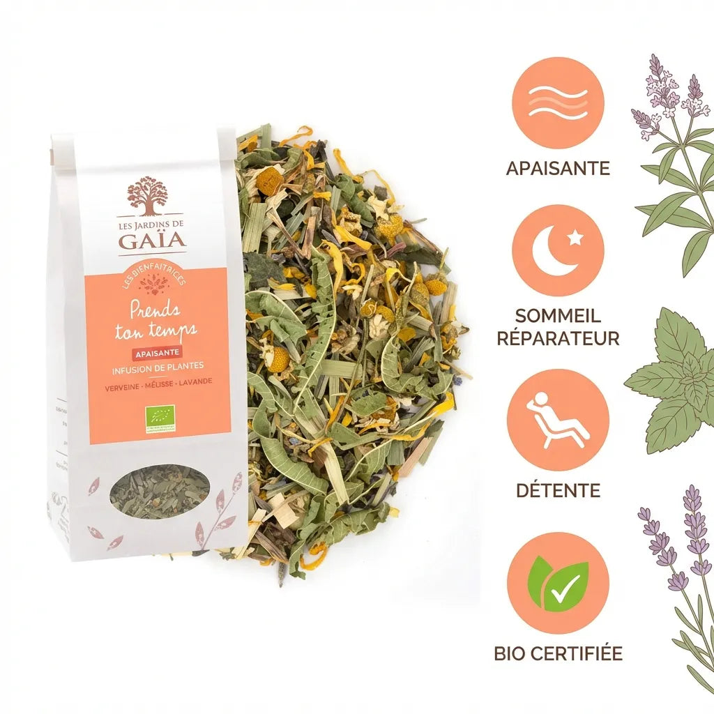 Tisane bio Prends ton temps Jardins de Gaïa apaisante et sommeil réparateur