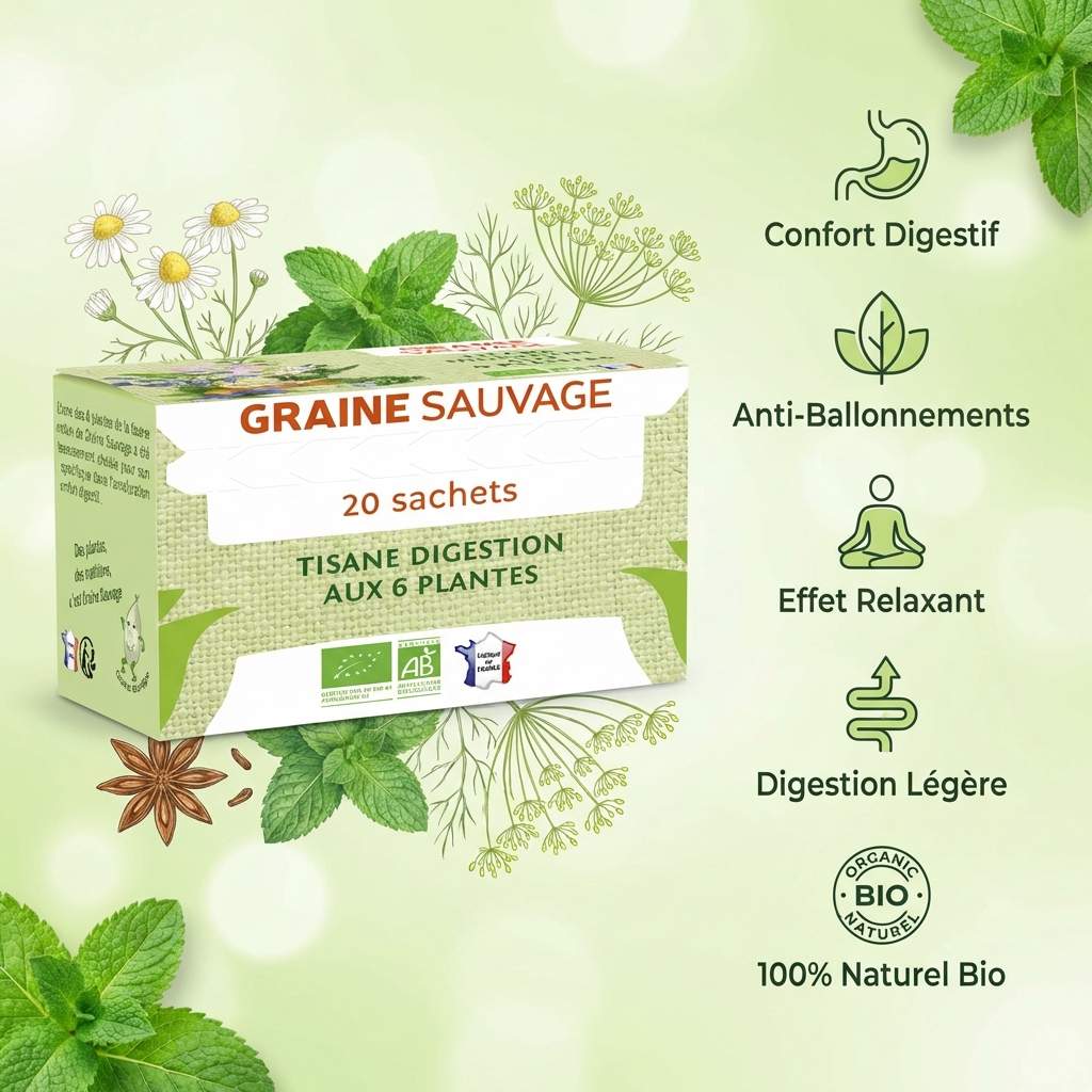 Tisane Digestion Bio 20 sachets Graine Sauvage avec icônes bénéfices et plantes naturelles