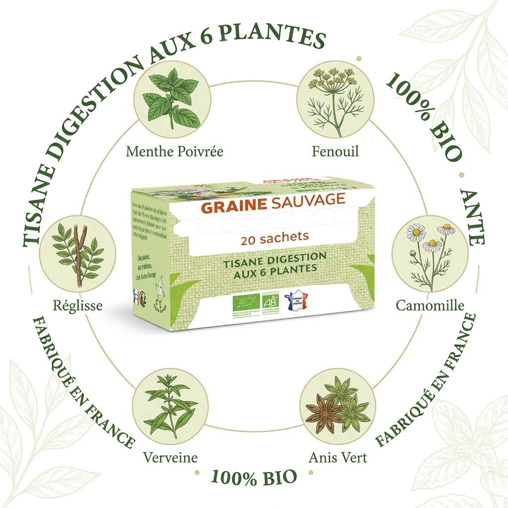 Tisane Digestion 6 plantes bio Graine Sauvage - 20 sachets avec ingrédients naturels