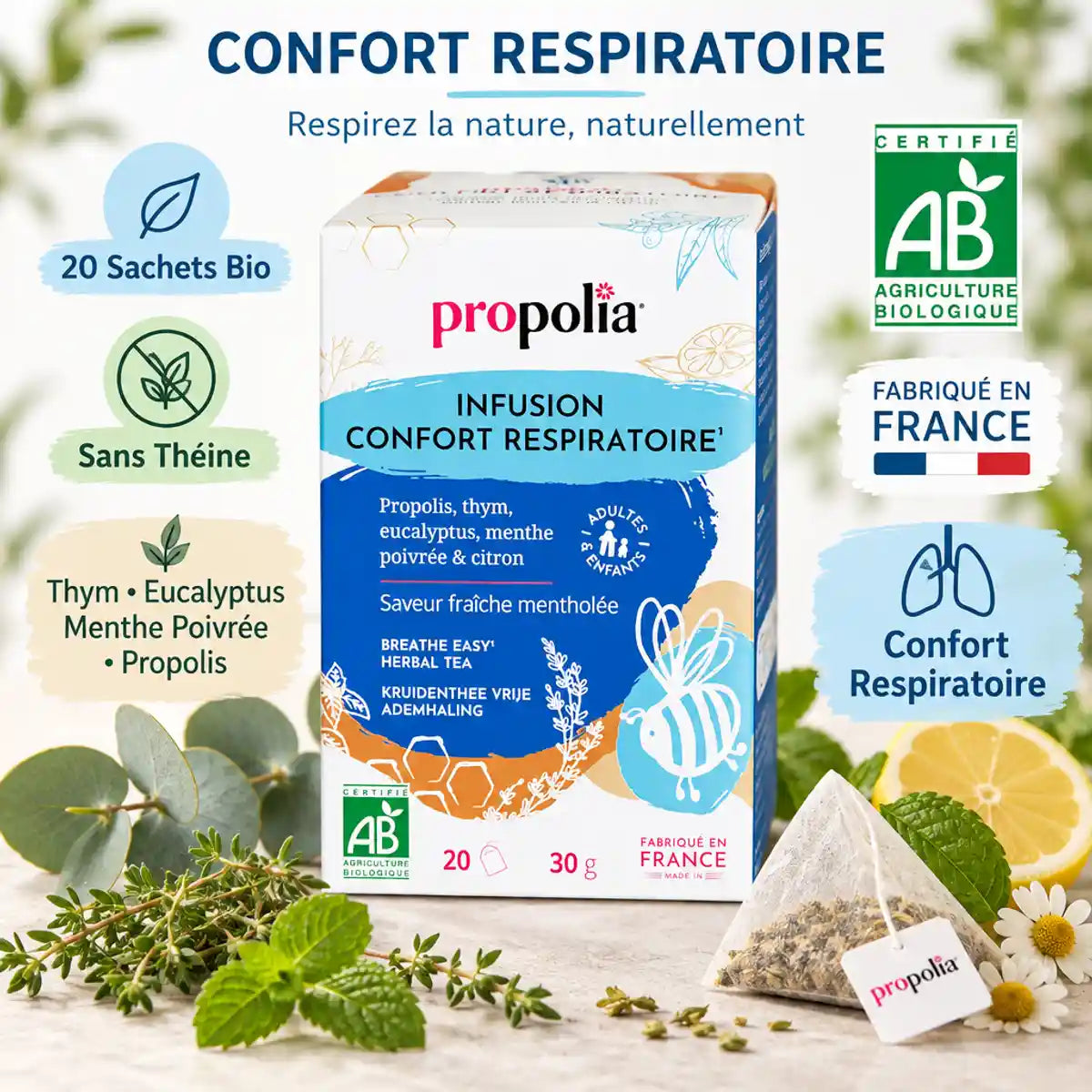 Tisane bio respiration Propolia thym eucalyptus propolis, boîte 20 sachets sans théine