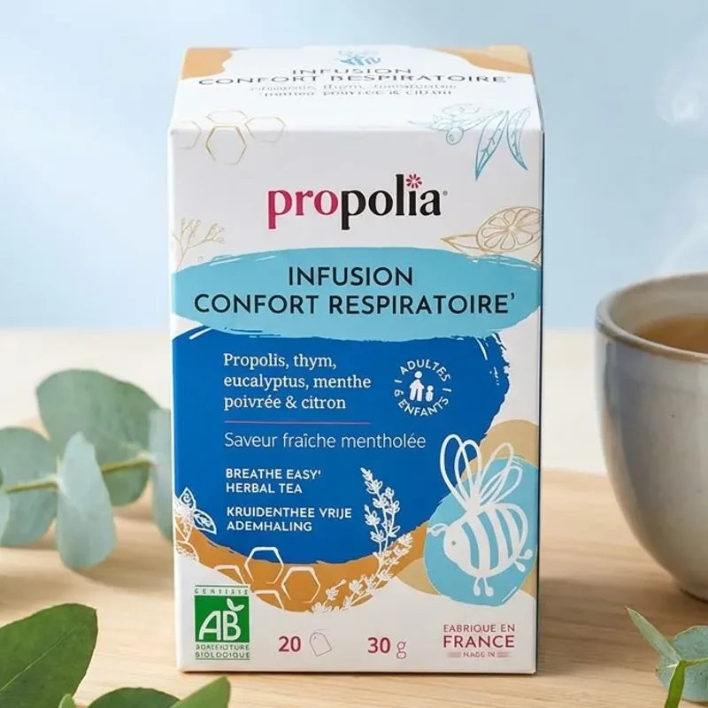 Tisane Respiration Bio Propolia au Thym et Eucalyptus avec tasse fumante