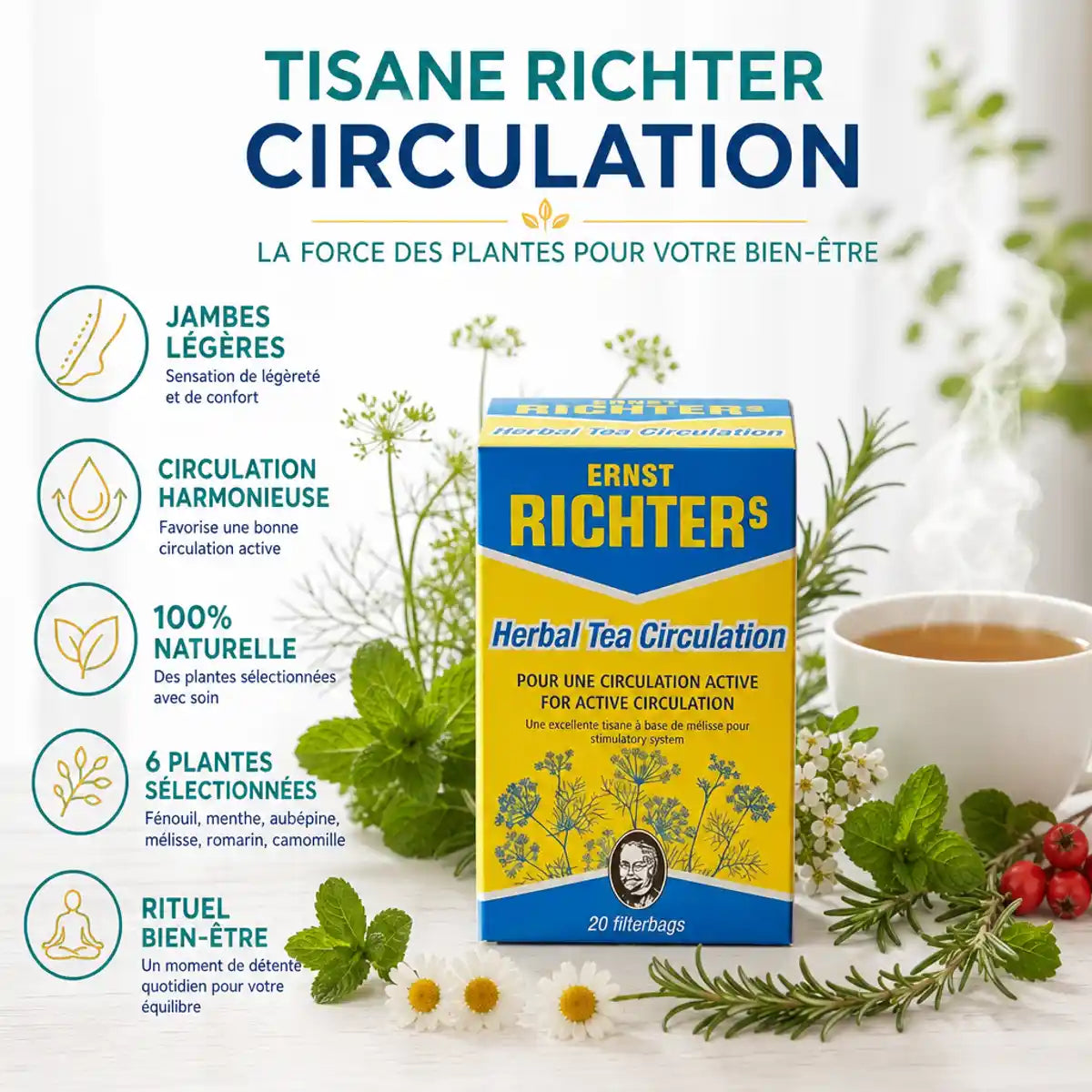 Tisane Richter Circulation 20 sachets avec plantes naturelles et bénéfices pour jambes légères
