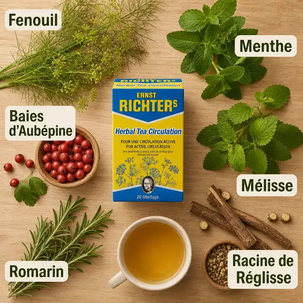 Tisane Richter Circulation 20 sachets avec ingrédients naturels : fenouil, menthe, aubépine, mélisse, romarin et réglisse