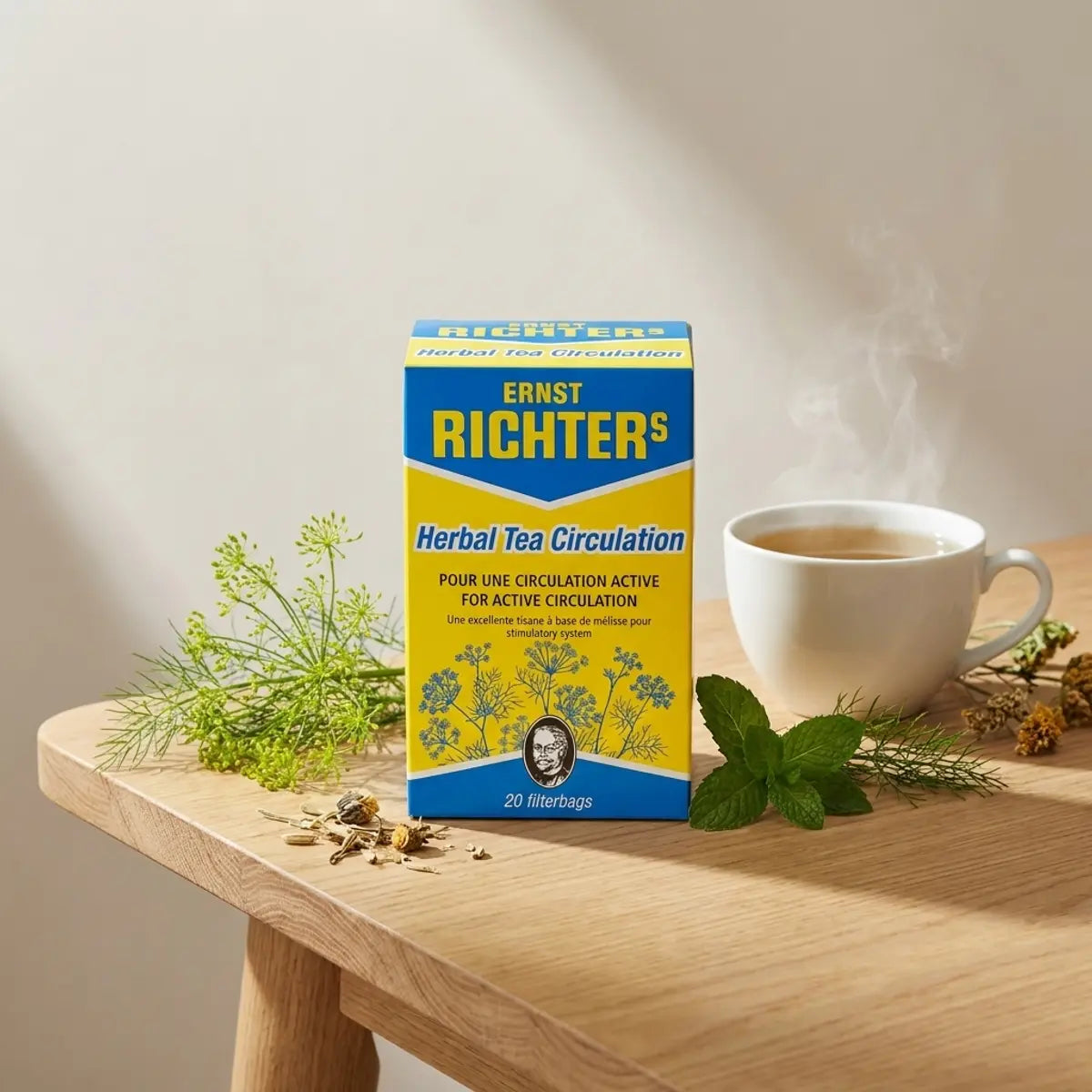 Tisane Richter Circulation 20 sachets - Boîte packaging bleu et jaune avec tasse fumante et herbes fraîches