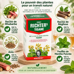 Tisane Richter's Transit 20 sachets minceur avec ingrédients naturels : rhubarbe, réglisse, anis et menthe