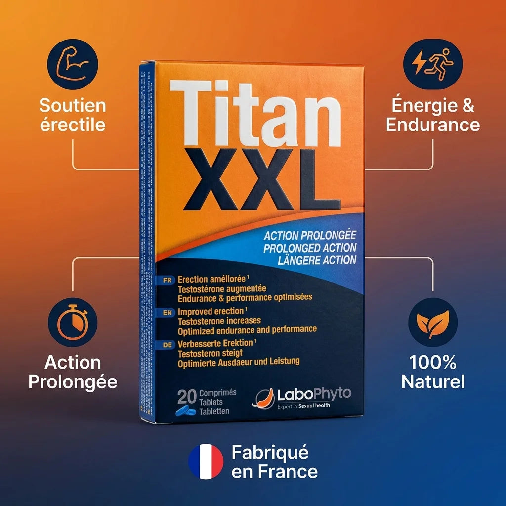 Titan XXL complément endurance - Boîte 20 gélules LaboPhyto avec infographie bénéfices naturels