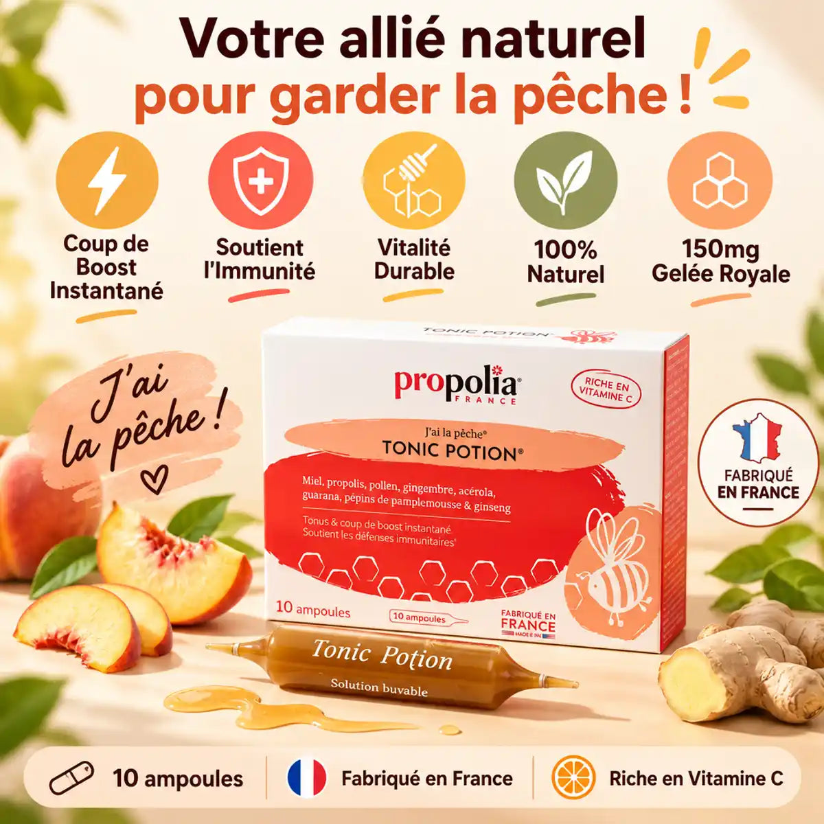 Propolia Tonic Potion J'ai la Pêche 10 ampoules avec bénéfices santé et ingrédients naturels