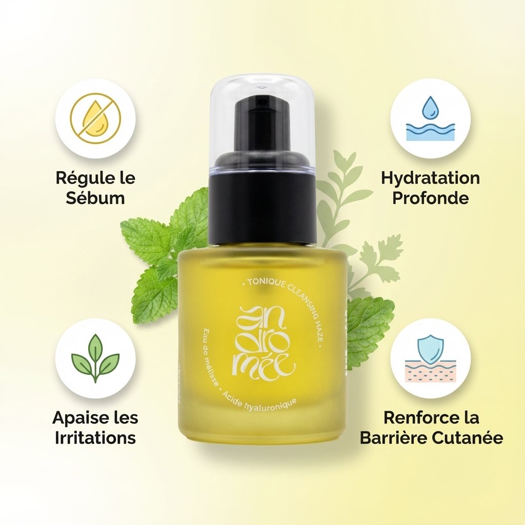 Tonique Andromée 30ml avec icônes bénéfices : sébum, hydratation, apaisement, barrière cutanée