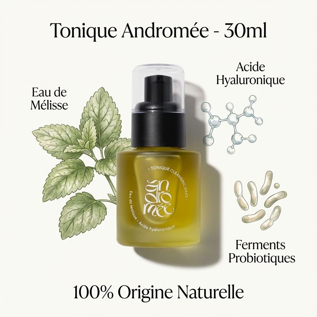 Tonique Andromée 30ml avec ingrédients naturels: mélisse, acide hyaluronique et ferments probiotiques