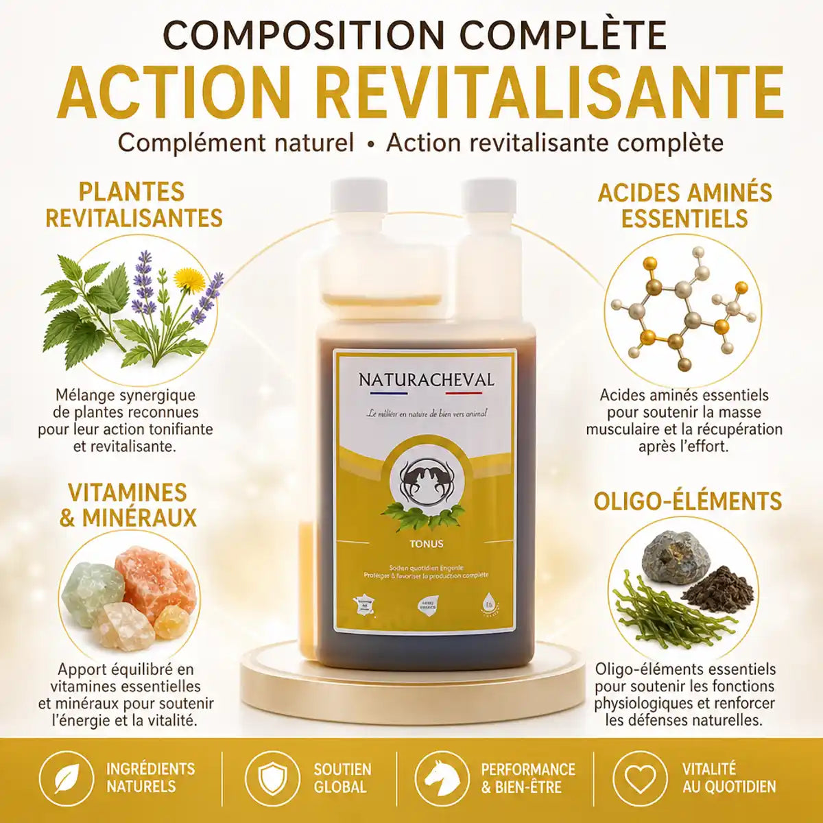 Naturacheval Tonus 1L - Revitalisant équin avec plantes, vitamines et minéraux - Flacon doseur