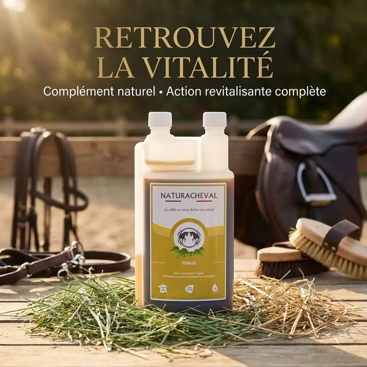 Tonus Cheval 1L Naturacheval, complément revitalisant naturel pour chevaux sur fond de foin