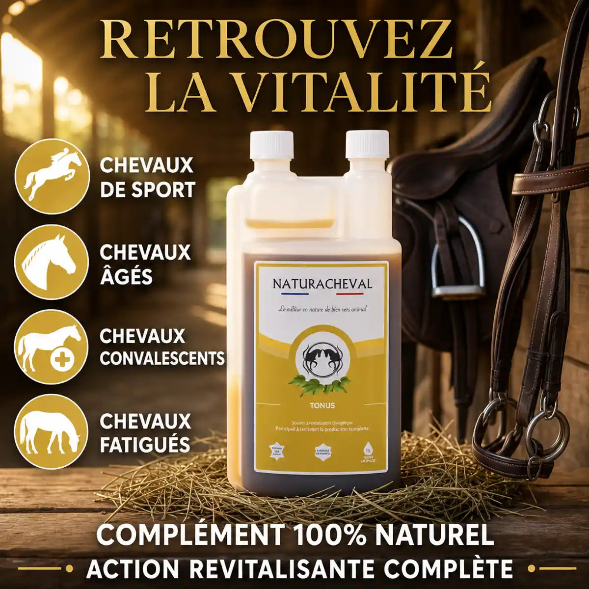 Bouteille Naturachavel Tonus Cheval 1L complément naturel revitalisant pour chevaux sport, âgés et fatigués