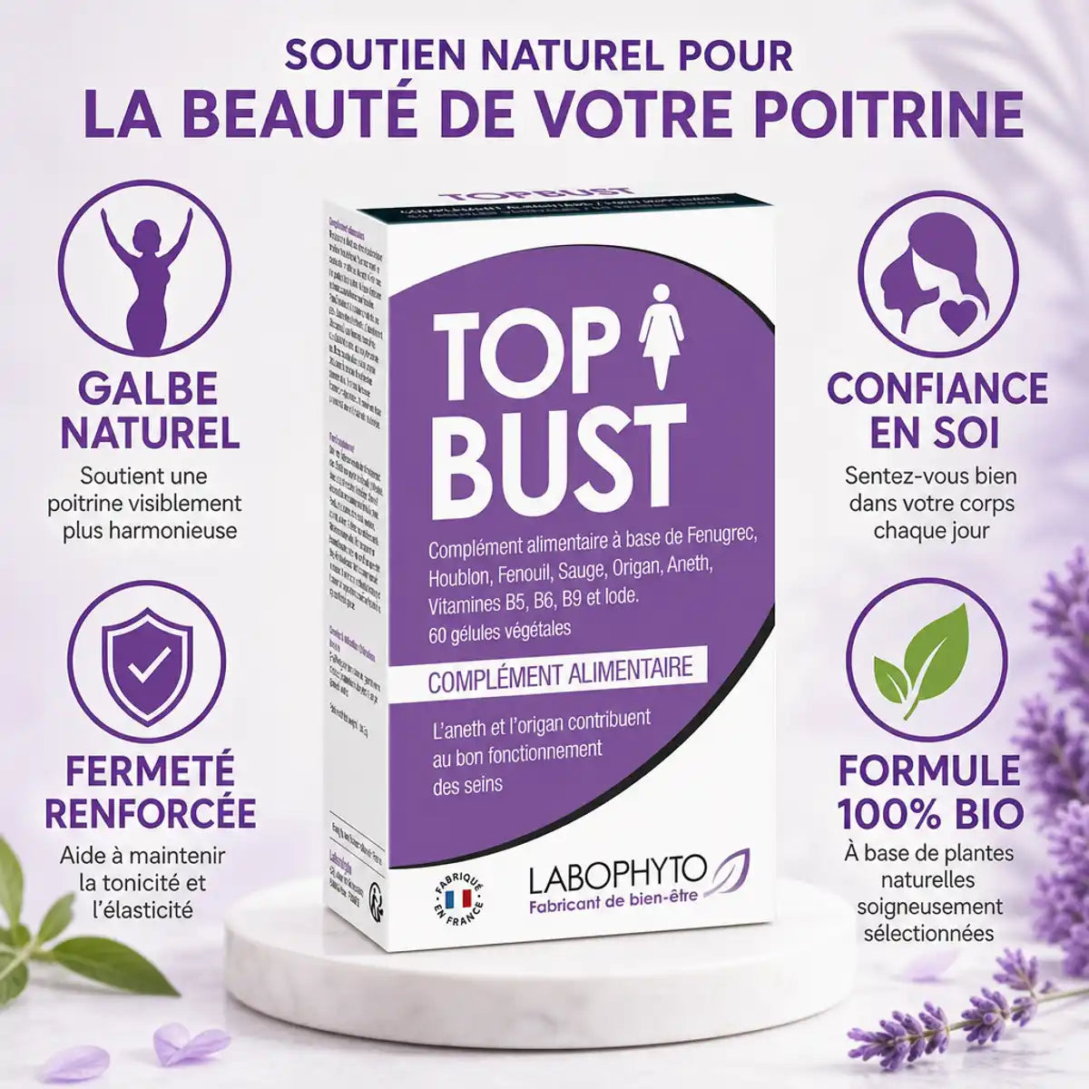 Top Bust Poitrine 60 gélules Labophyto avec bénéfices : galbe naturel, fermeté renforcée, confiance en soi