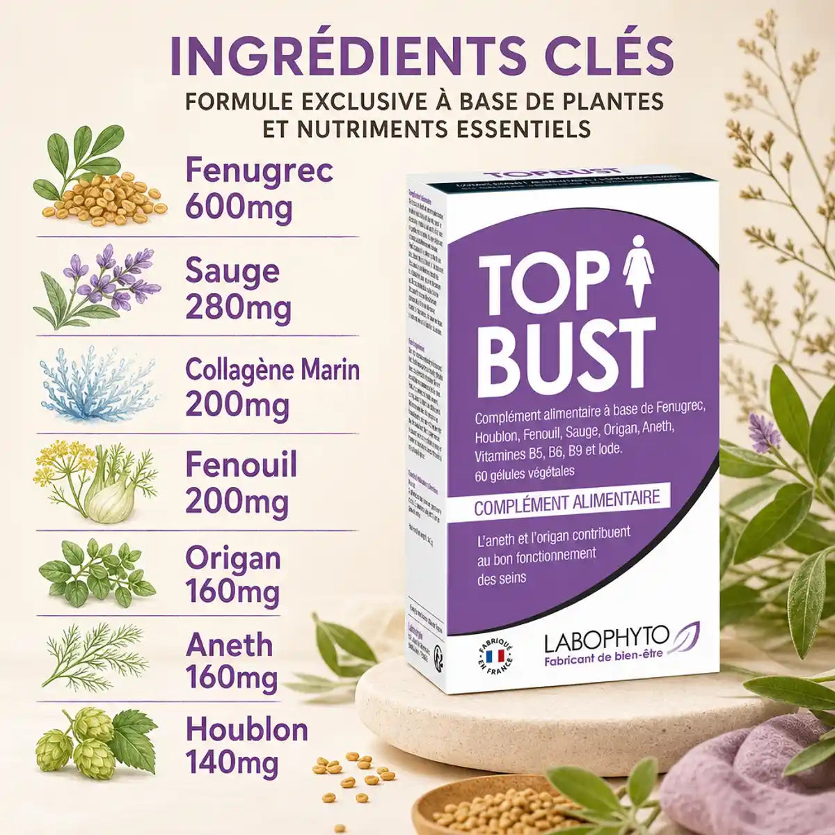 Top Bust Poitrine 60 gélules Labophyto avec ingrédients naturels fenugrec sauge collagène