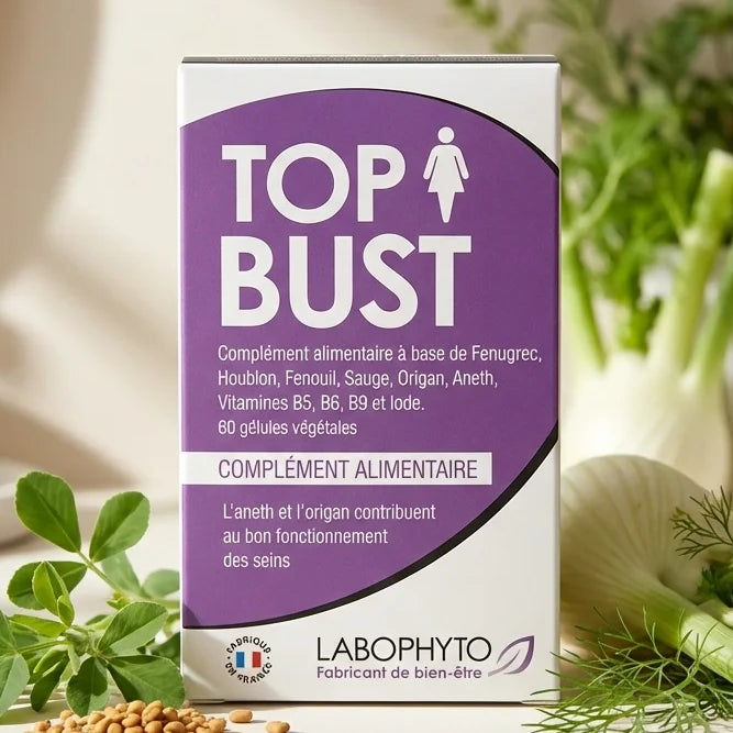 Top Bust Poitrine 60 gélules Labophyto avec fenugrec et fenouil sur vanité minimaliste