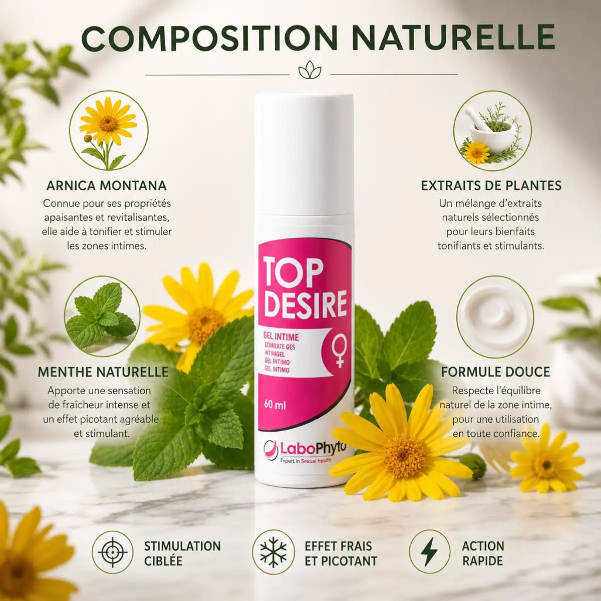 Top Désire 60ml stimulant clitoris Labophyto avec composition naturelle arnica menthe