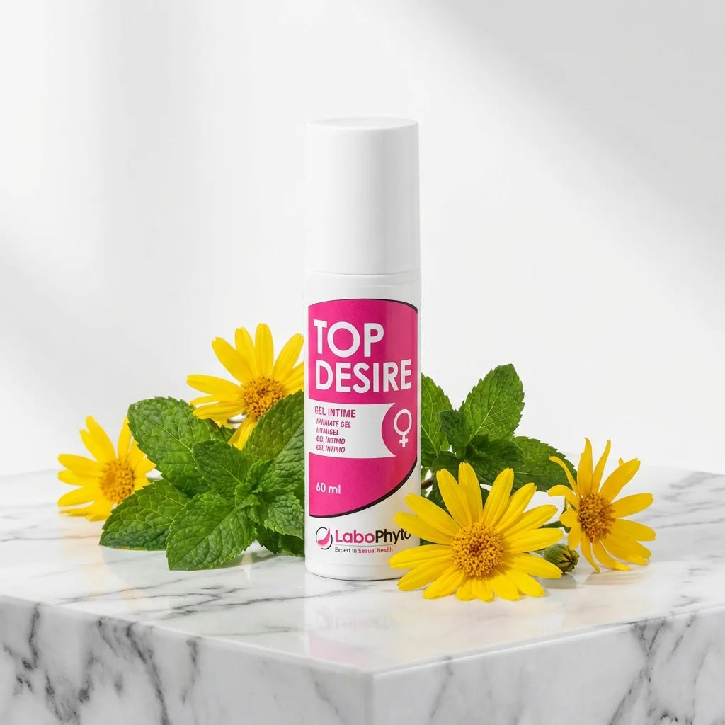 Top Désire stimulant clitoris 60 ml Labophyto sur marbre avec fleurs naturelles
