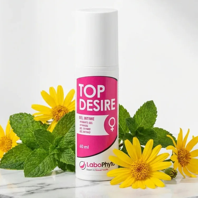 Top Désire stimulant clitoris 60 ml Labophyto sur marbre avec fleurs naturelles