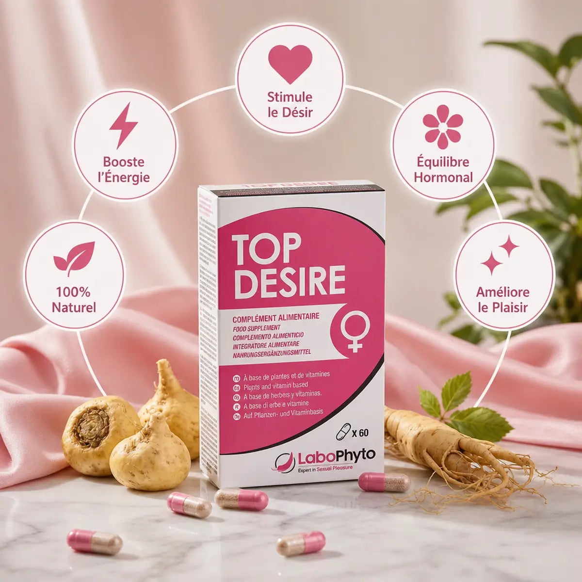 Top Desire stimulant libido femme naturel Labophyto - packaging rose avec icônes bénéfices