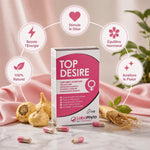 Top Desire stimulant libido femme naturel Labophyto - packaging rose avec icônes bénéfices