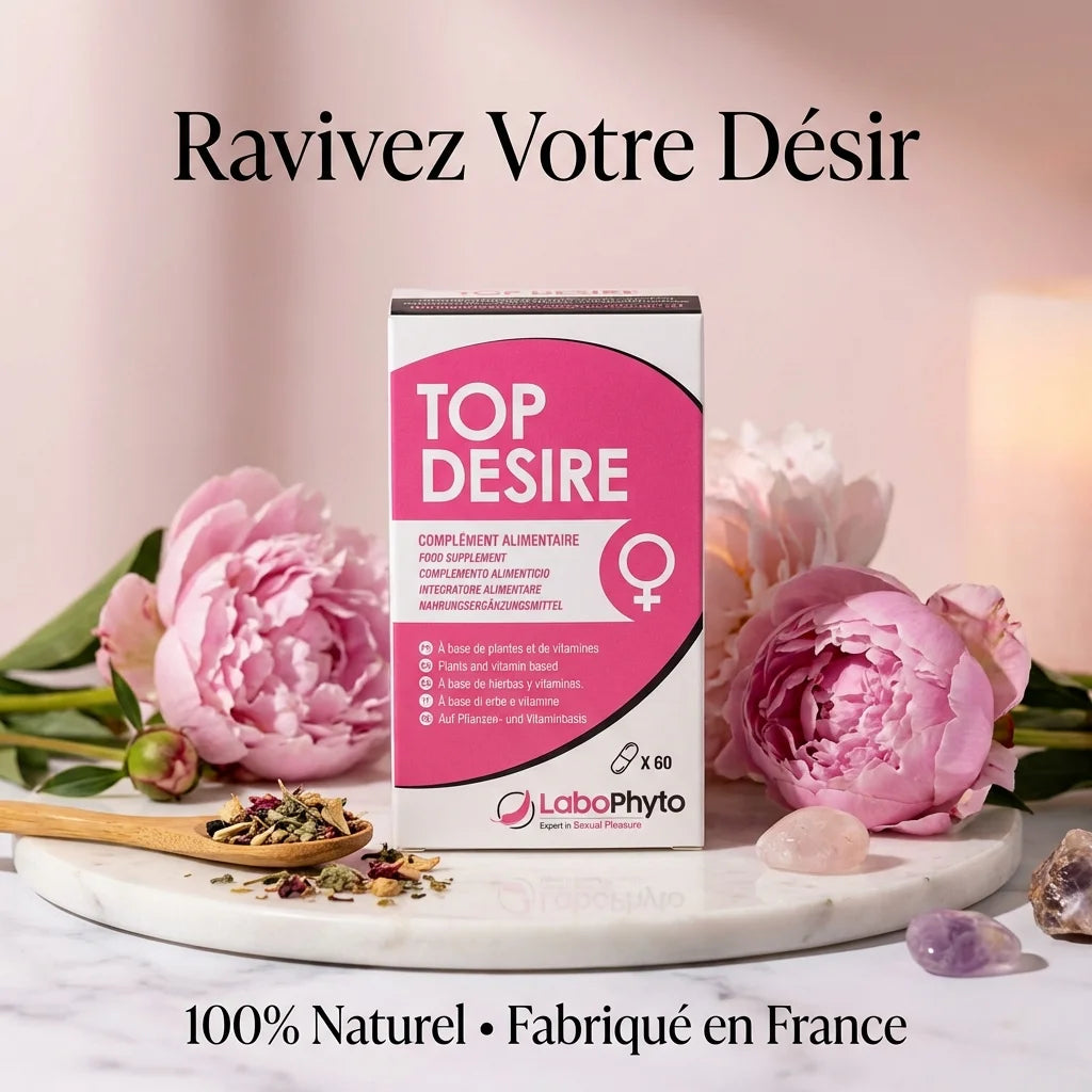Supplément libido femme Top Desire Labophyto, packaging rose naturel avec fleurs et éléments wellness