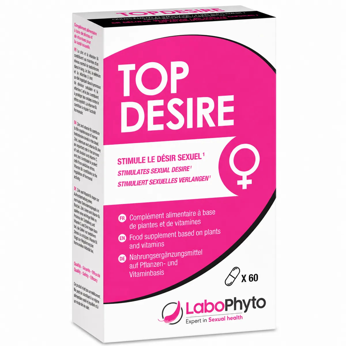 Boîte Top Desire stimulant libido femme naturel Labophyto 60 capsules sur fond blanc