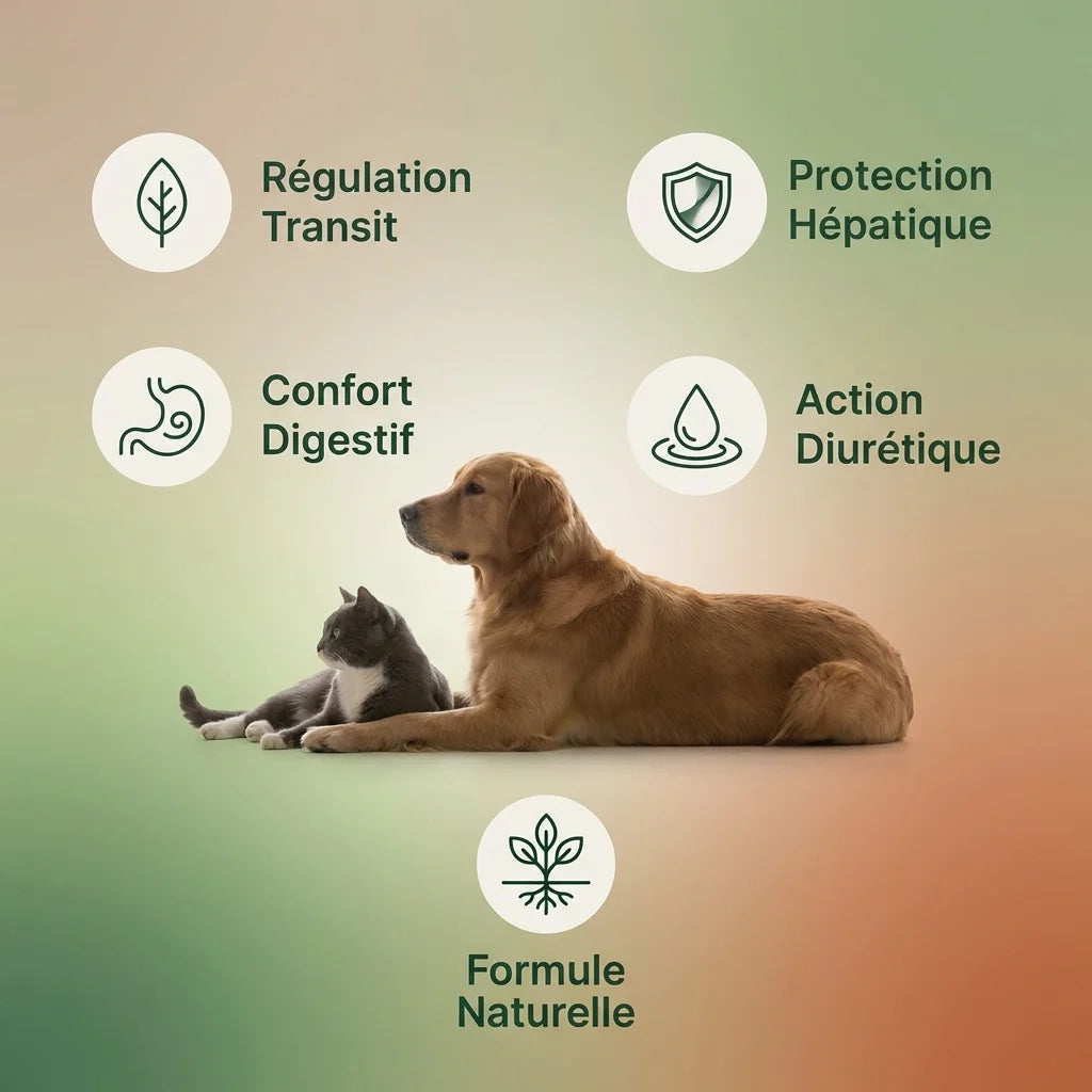 Top Transit complément digestif naturel pour animaux avec ses 5 bénéfices principaux illustrés