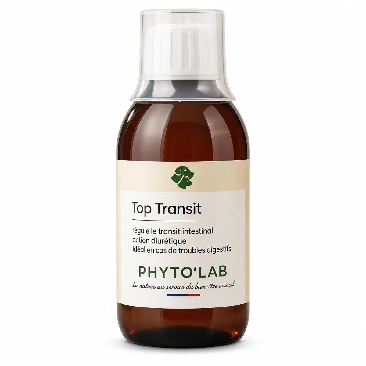 Bouteille Top Transit 250ml Phyto'Lab confort intestinal en verre ambré sur fond blanc