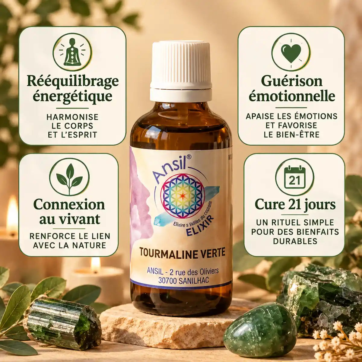 Elixir Tourmaline Verte Ansil 30ml avec cristaux verts, bougies et bénéfices wellness