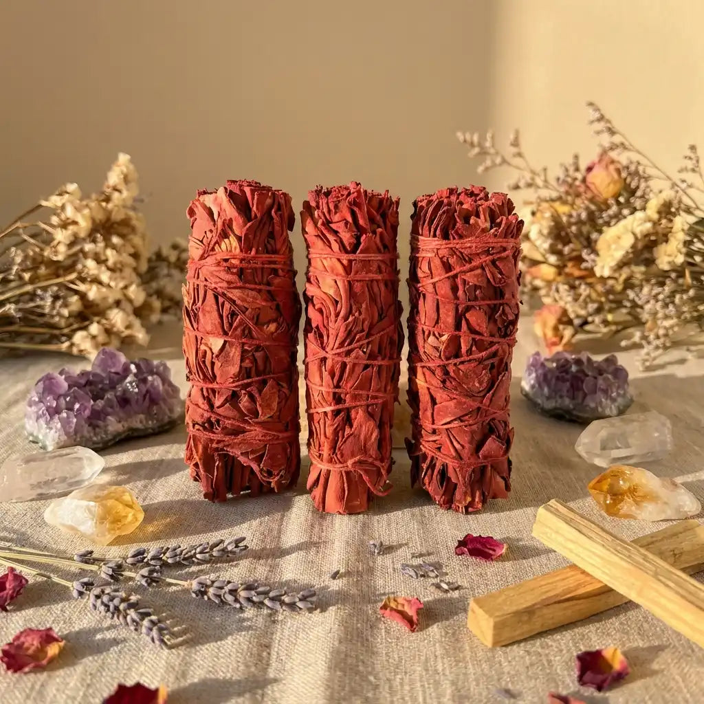 Tresse d'encens Sauge Sang de Dragon avec cristaux pour purification et équilibre spirituel