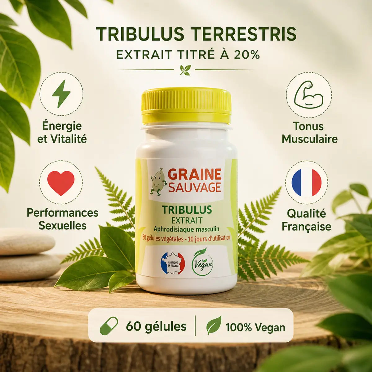 Tribulus terrestris 60 gélules Graine Sauvage avec feuilles botaniques et bénéfices énergétiques
