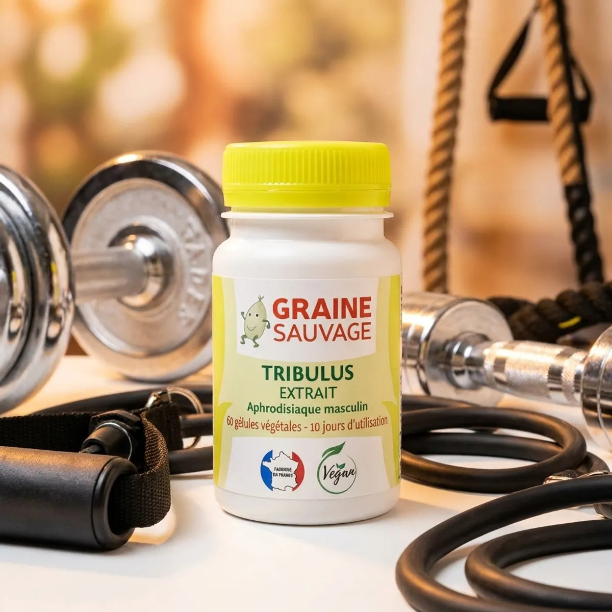 Tribulus terrestris 60 gélules Graine Sauvage avec équipement fitness et haltères