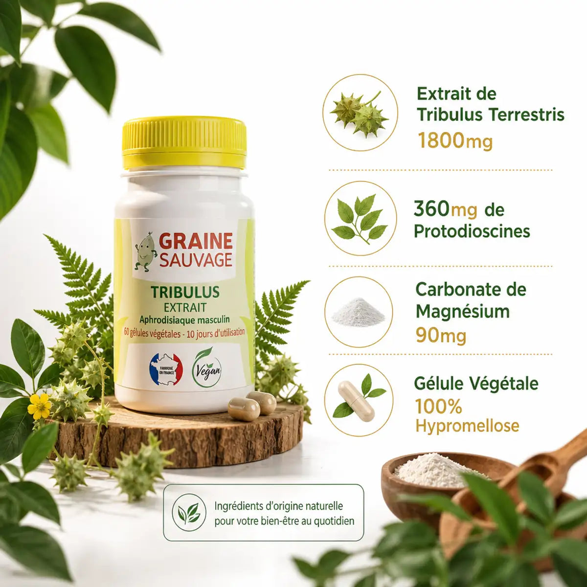 Tribulus Terrestris 1800mg - Graine Sauvage - Complément 60 gélules avec composition ingrédients