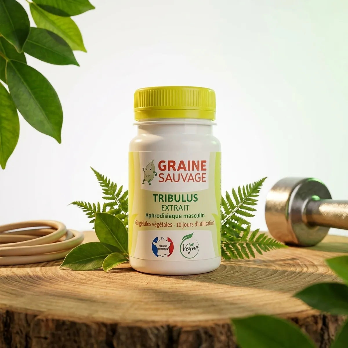 Tribulus Terrestris 60 gélules Graine Sauvage sur surface bois avec feuilles vertes