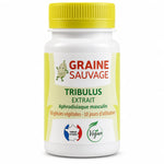 Bouteille Tribulus Terrestris Extrait 60 gélules Graine Sauvage avec bouchon jaune sur fond blanc