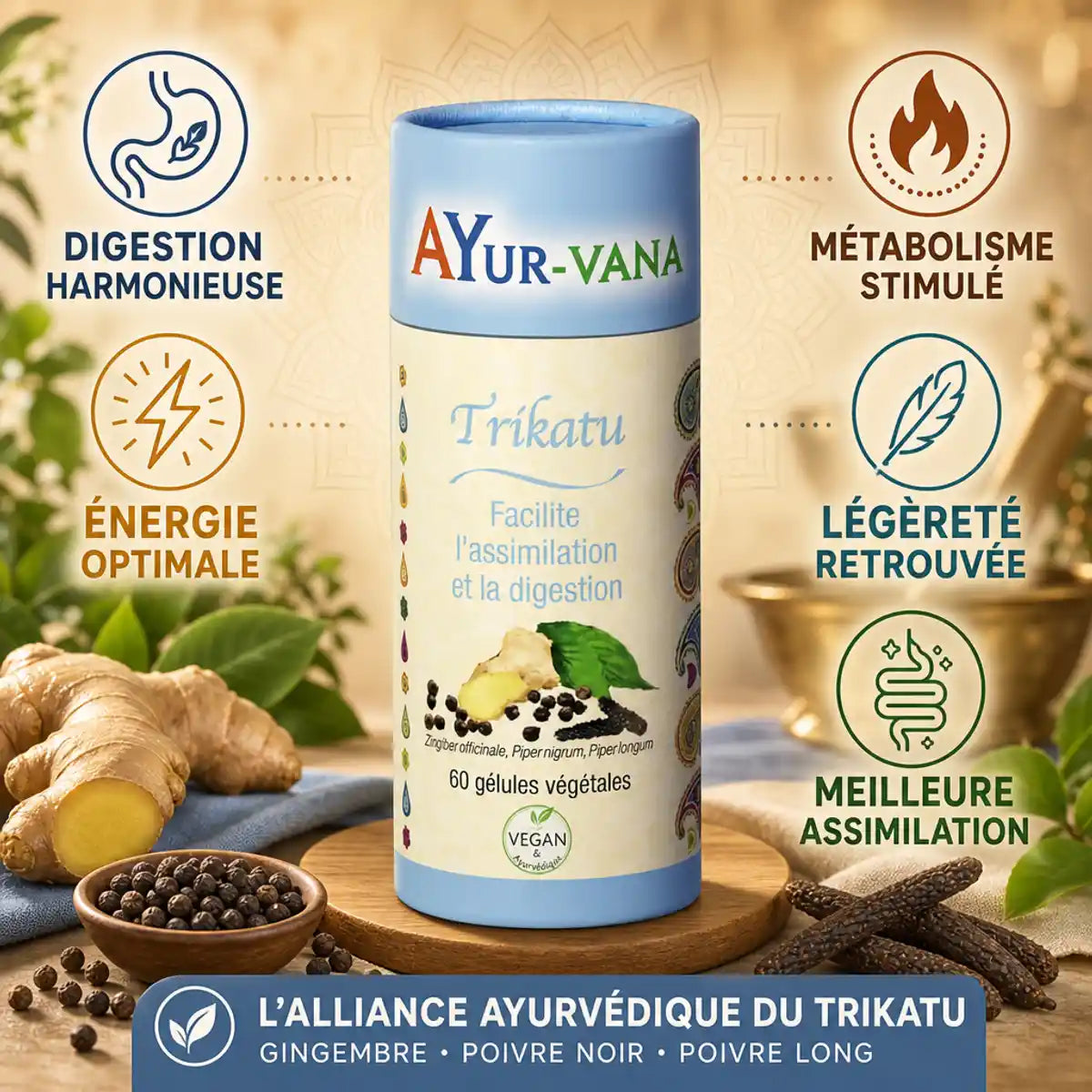 Trikatu Ayur-Vana 60 gélules végétales avec bénéfices digestion et métabolisme