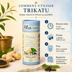 Trikatu 60 gélules Ayur-Vana avec guide d'utilisation : dosage, moment et conseils d'utilisation